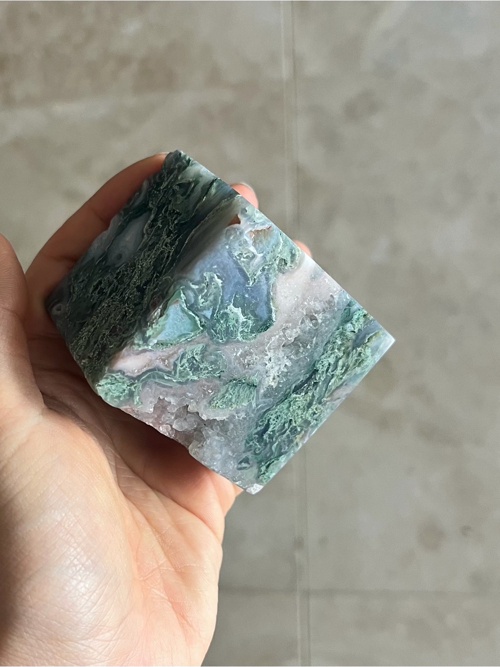 Natural Crystal Stone Polished Moss Agate Cube Green 12.7oz Rock Healing Garden